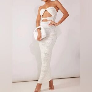PrettyLittleThing Cream Textured Bandeau Twist Cut Out Long Dress NWT